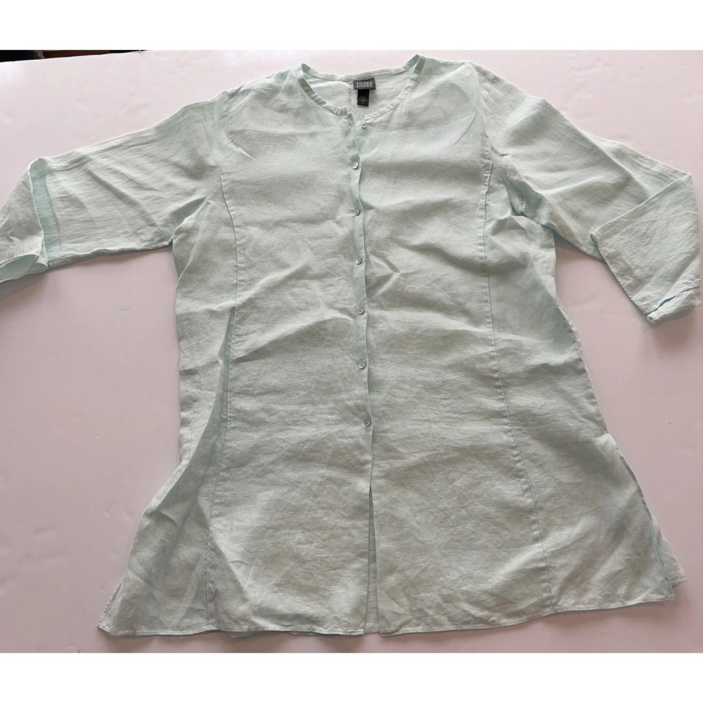 Eileen Fisher Woman Size L Tunic Top Aurora Green 100% Irish Linen Buttons
